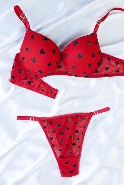 DNR İç Giyim Heart Printed Supportive Bra Set Red