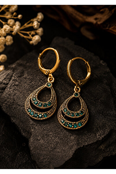 BULU'US ACCESSORIES Bronz Vintage Zümrüt Taşlı Damla Model Küpe | Otantik Tas...