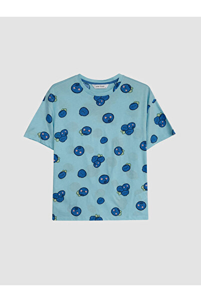 LC Waikiki Blue Crew Neck Printed Women's Pajama Top