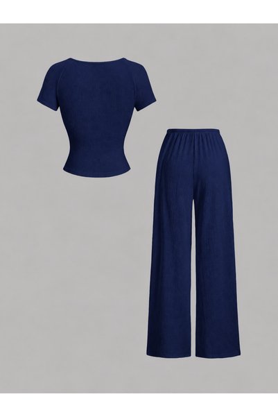 poswicon Navy Blue Shal Collar Short-Sleeved Crop Top and Wide-Leg Bottom Set