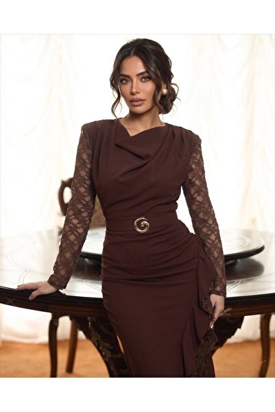 asyadabutik Women's Ruffle and Lace Detailed Crepe Fabric Lined Evening Dress