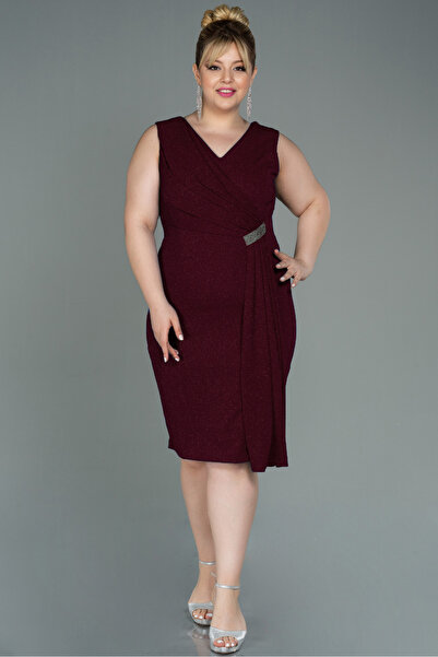 Efelif Sleeveless V-Neck Glitter Midi Plus Size Evening Dress Abk39586