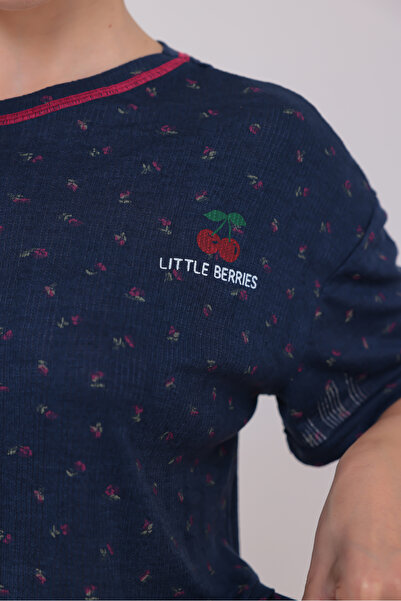 Arvin Pijama Kadın Lacivert Renk Kiraz Baskılı Oversize Kalıp Kısa Kollu Şortlu Crop Yazlık Pijama Takımı