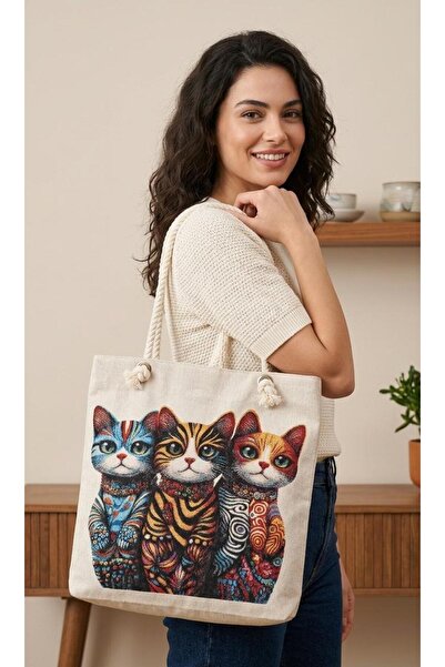 DUSTFORM8 goblen omuz + plaj çantası kedi desen otantik dokuma