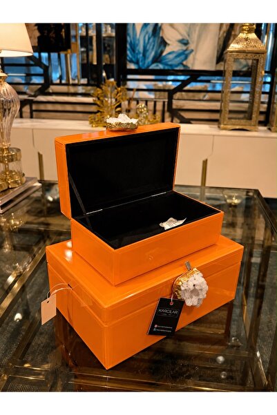 KARCILAR HOME STORE 2 li turuncu cam kadife detaylı dekoratif kutu .