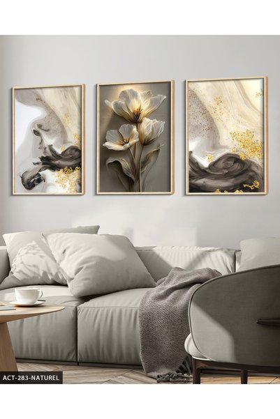 Burshe Soyut Sanat ve Çiçek 3 Parça Ahşap Çerçeveli Tablo ACT
