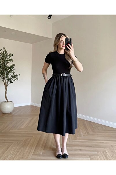 Women's Skirt Poplin Short Sleeve Belted Dress