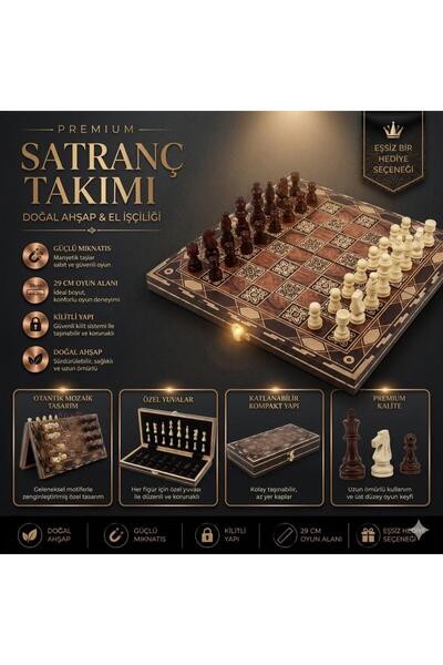 e-life Lüks Mozaik Desenli Ahşap Manyetik Satranç Takımı 29 Cm Katlanabilir P...