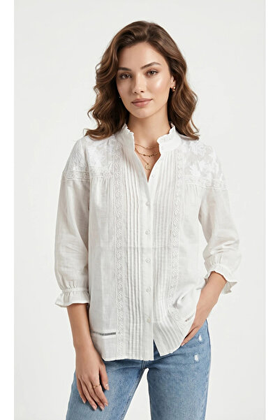 TATULA Lace and Ribbed Detailed Shirt