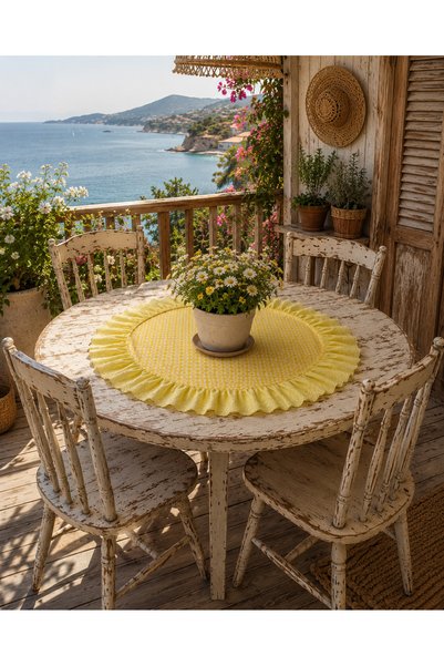 NURGİTA HOME Ruffled Scalloped Floral Duck Linen Round Tablecloth & Decorative Cover (55X55 cm Yellow) Stain-Resistant