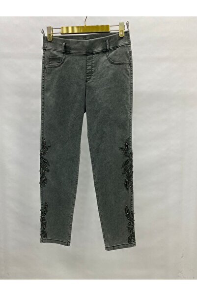 LADYDUİN Paça nakış ve taş detaylı pantolon