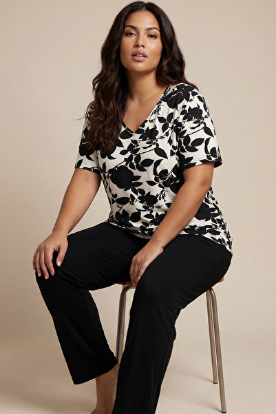 Siyah İnci Black Patterned Large Size Oversized Viscose Knitted Pajama Set