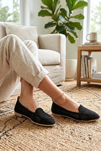 Godystep Isla Hasır Örgü Doku Düz Taban Slip-On Kadın Loafer Babet Ayakkabı