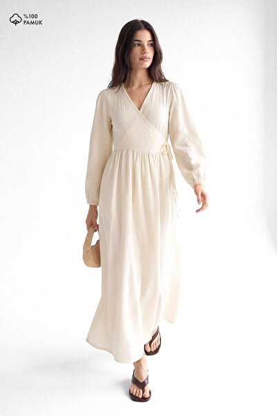 Hooopstore Kimono Closure Long Muslin Ecru Dress