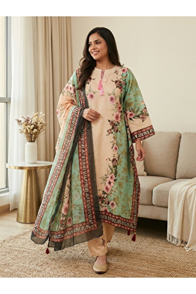 MYSMAR Beige Floral Digital Printed Lawn 3-Piece Suit - AFK8871 | Beige