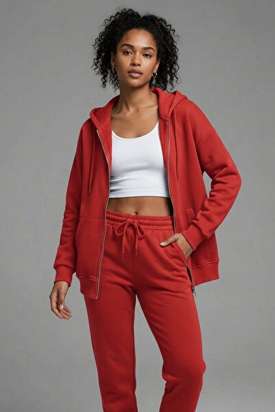 Runades Women's Thick Three-Thread Fabric Zippered Hooded Jacket