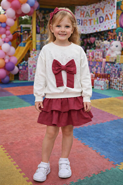 Yalçınoğlu Kids Girl's Stone Embellished Ribbon Detailed T-Shirt and Skirt Se...
