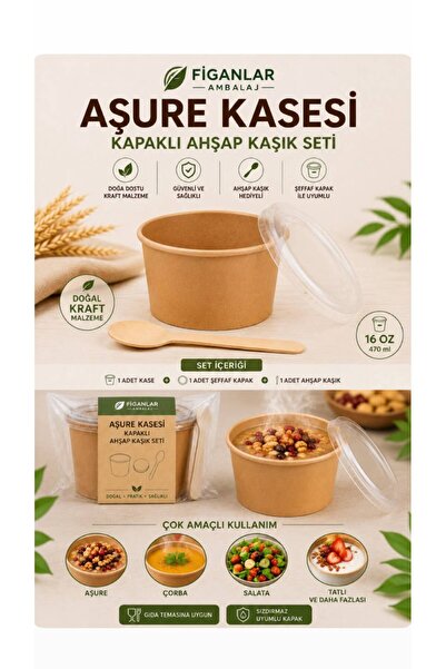 figanlar ambalaj 16 Oz Kraft Aşure Kasesi Şeffaf Kapaklı Ahşap Kaşık Seti Çor...