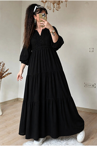 AZRA BUTİK Ruffled Skirt Lace Stripe Detailed Dress Black