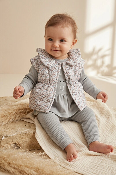 Babydonat Mia Kız Bebek Pembe Çiçekli Şişme Yelekli Üçlü Kombin Takım - Pamuk...