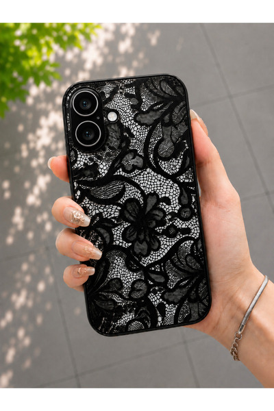 OVADA İphone 17 Uyumlu Siyah Dantel Desenli Telefon Kılıfı