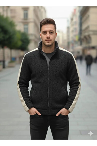 diğer1234 Premium Ανδρική Ζακέτα Πρόβατο (Shearling) Μαύρη με Φερμουάρ – Απόλ...