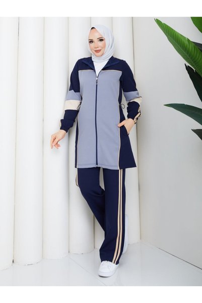 moda4b Women's 3 Piece Set Zippered Long Jacket Blouse and Wide Leg Pants Double Crepe N-05524 _ Navy Blue