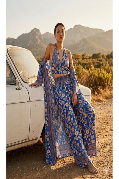 Fibula Royal bohem ve otantik %yüz ipek altın varaklı kimono büstiyer pantolo...