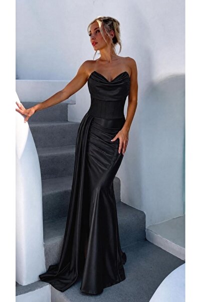 WoolnClyde Women's Strapless Draped Satin Fabric Long Mermaid Evening Dress w...
