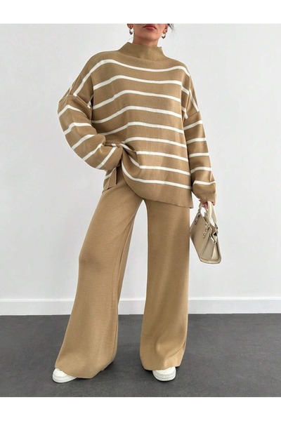 Iuliashop Iren Beige Knitted Set with White Striped Pants