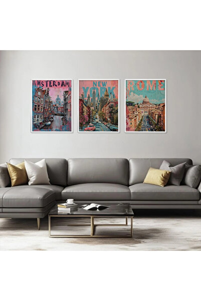 KOLAJTASARIM Set Pop Art World Cities, set de 3 tablouri din lemn cu ramă albă