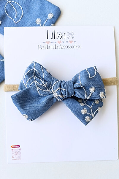 Liliza Accessories Nakışlı Mavi Kot Fisto Yenidoğan Bebek Bandı