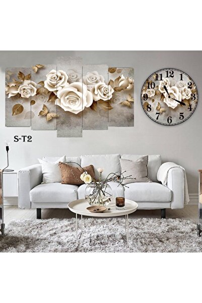 BellaaaModa Çiçekli Dekoratif Desenli Mdf Tablo 5 Parça Set ve Saatli Takım, ...