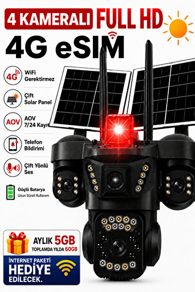 Naystek 4 Lensli Güneş Enerjili 4G eSIM Solar Güvenlik Kamerası - 1 Yıl Her A...