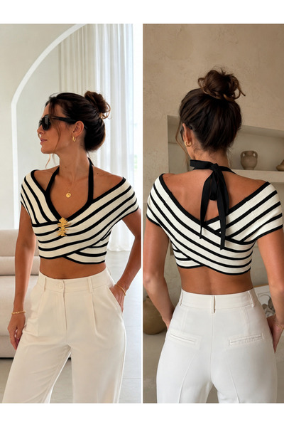 Kureyzibies Kadın Crop Bluz Serin Tutan Gold Tokalı Triko