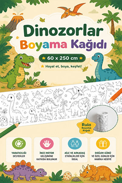 kutuTR Dinozorlar Serisi Dev Boy Boyama Rulosu 60x250 cm