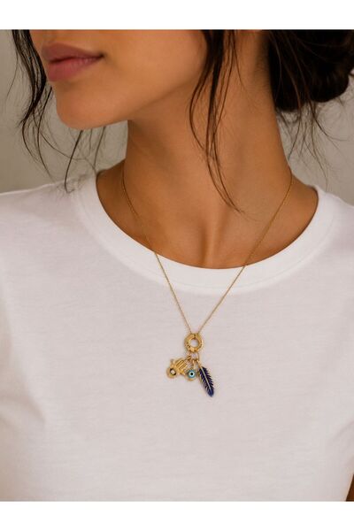 stainless steell Steel Necklace with Blue Feather Detail and Evil Eye Charm