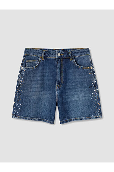 LC Waikiki Nevavm High Waist Stoned Women's Jean Shorts with Difference