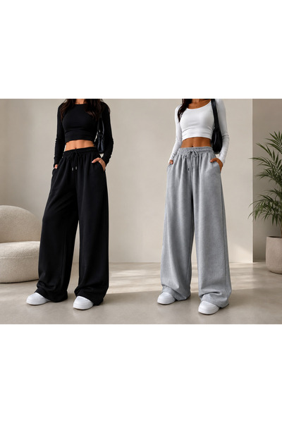 BERYY MODA Double Black and Gray Wide-Leg Sweatpants - All-Day Comfort and El...