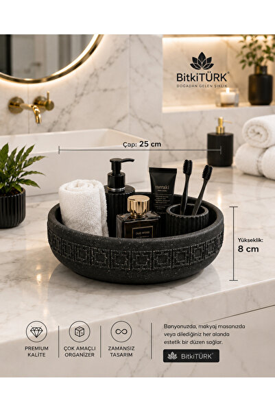 BitkiTÜRK 🖤 Kabartmalı Siyah Beton Organizer | Dekoratif Masa Üstü Düzenleyi...