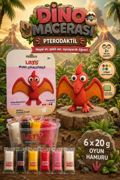 Lets Mini Challenge 5 Renk Dino Macerası Pterodaktil Oyun Hamuru 120g