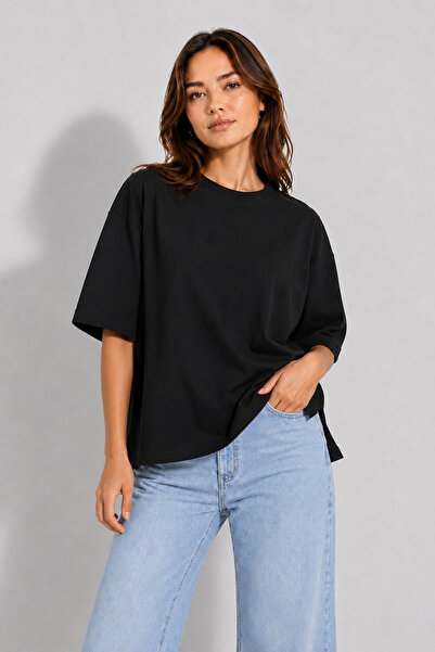 Asfaha Fashion Γυναικείο βαμβακερό μπλουζάκι oversize με σκισίματα στο πλάι