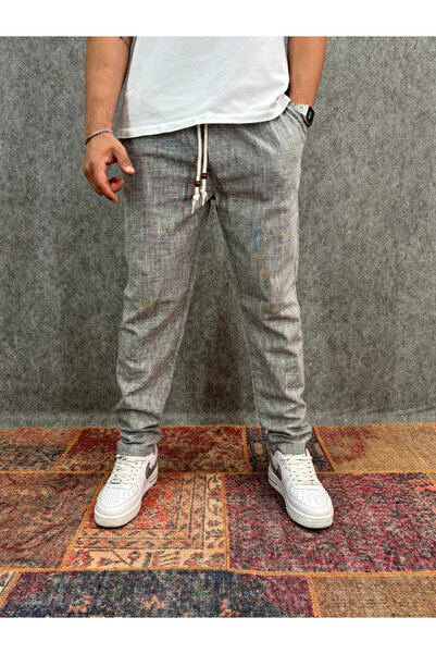 FıttingRoom Elastic Waist Cotton Linen Gray Trousers