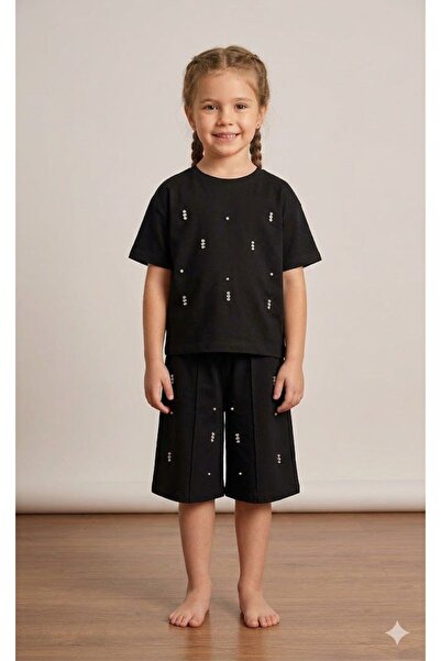 Yağmur Giyim Limones Stone Embroidered Shorts Girls' Set 7-10 Years 4204