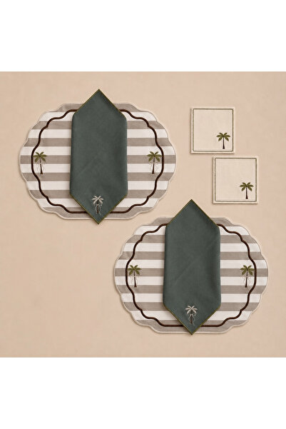 LİONYA DESİGN 6 Piece 2-Person Palm Embroidered Tableware Set (2 American Pla...