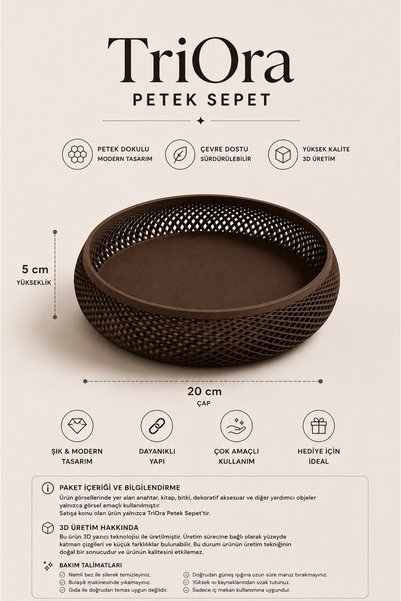 triora Honeycomb Patterned Decorative Basket 20 cm |   Keychain, Jewelry, and Desktop Organizer |   Modern 3D Manufacturing Design