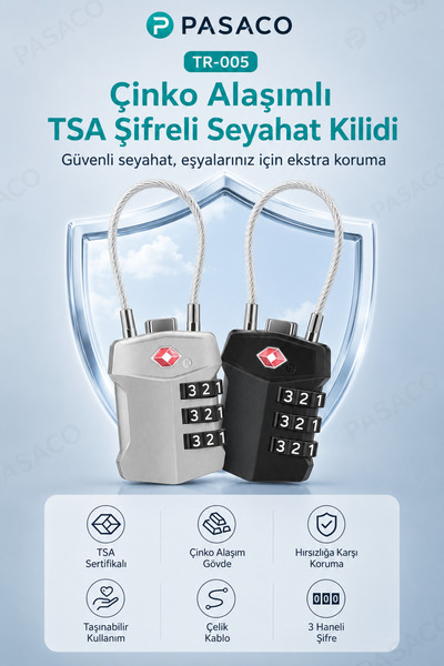 PASACO TSA Onaylı Çelik Kablolu Şifreli Valiz Kilidi, 3 Haneli Seyahat Bavul ...