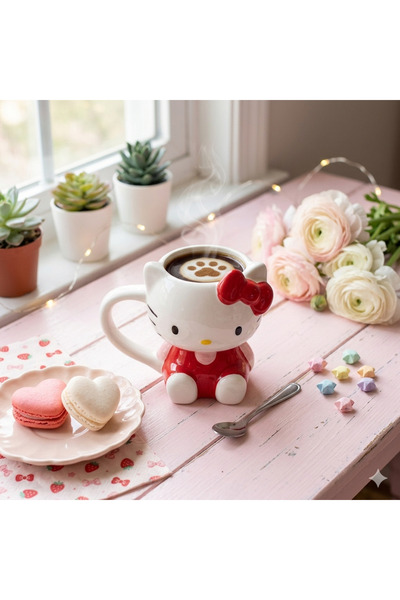 Livava Cute Red Bowknot Kitty Design 3D Ceramic Mug Cup Gift