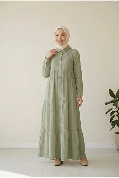 madam trend Olive Green Women's 100% Cotton Muslin Fabric Dress Buttoned Shir...