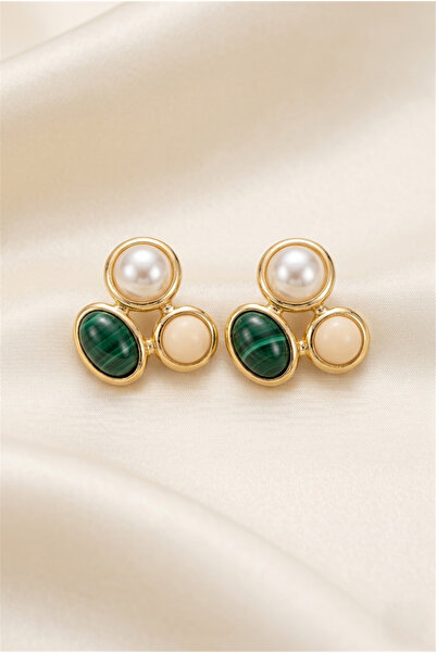 Pelin Aksesuar Elegant Stud Earrings with Green and Ecru Stone Detail and Gol...